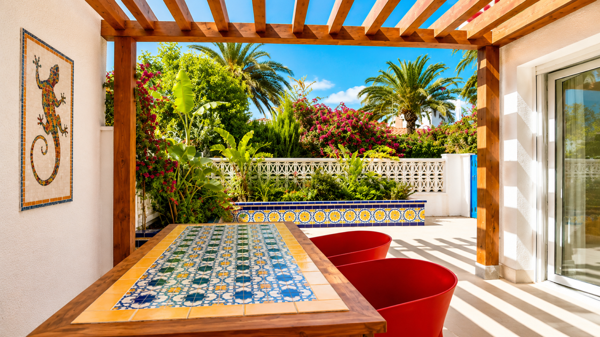 Cocina y comedor exterior bajo la pérgola