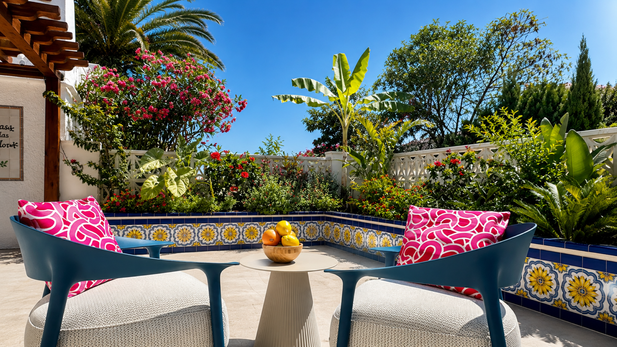 Terraza exterior con sillas azules